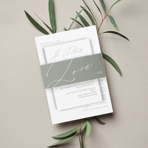 Unique Green Sage  Love Monogram Wedding Invitation Belly Band