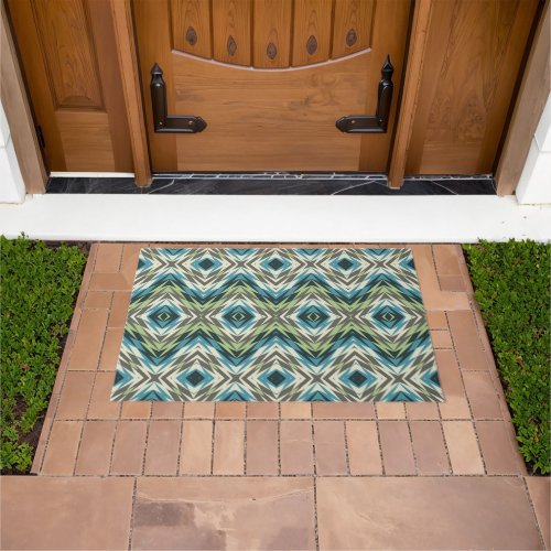 Unique Green Teal Blue Taupe Brown Tribal Doormat