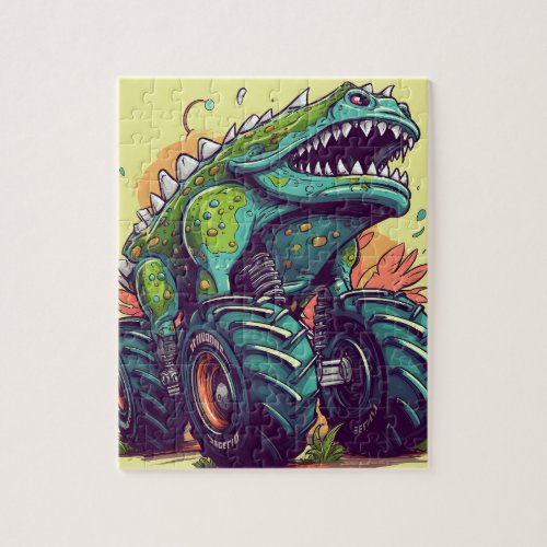 Unique Green Teal Dinosaur Monster Truck  Jigsaw Puzzle