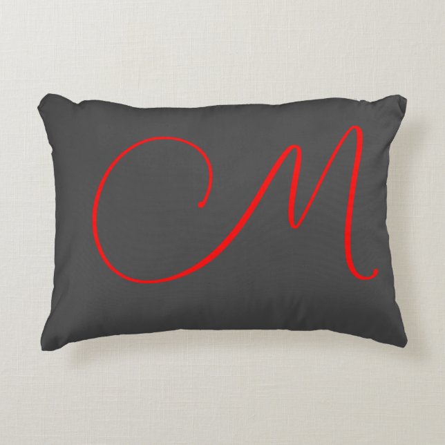 Unique grey red calligraphy monogram name initial accent pillow (Front)