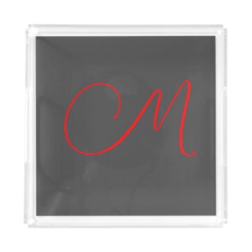 Unique grey red calligraphy monogram name initial acrylic tray