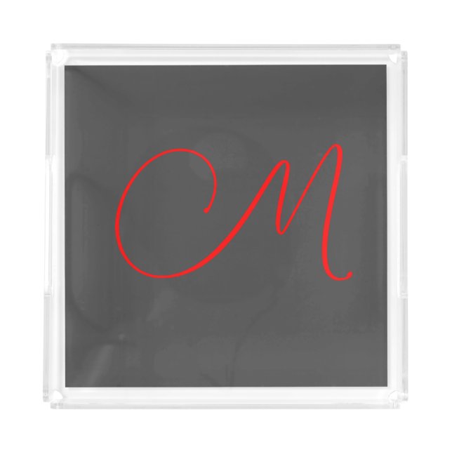 Unique grey red calligraphy monogram name initial acrylic tray (Front)