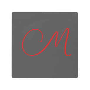Unique grey red calligraphy monogram name initial metal print