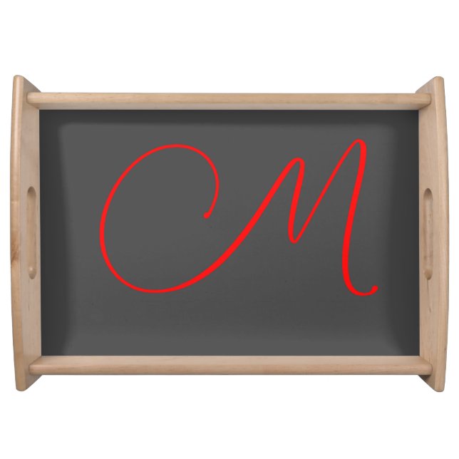 Unique grey red calligraphy monogram name initial serving tray (Front)
