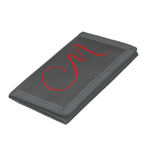 Unique grey red calligraphy monogram name initial trifold wallet
