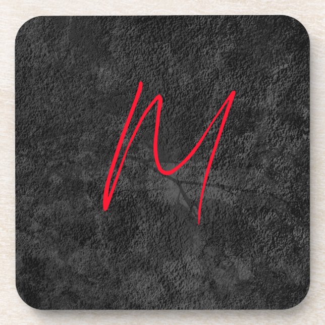 Unique grey red monogram name initial calligraphy beverage coaster (Front)
