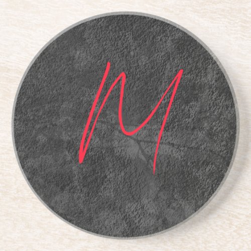 Unique grey red monogram name initial calligraphy coaster