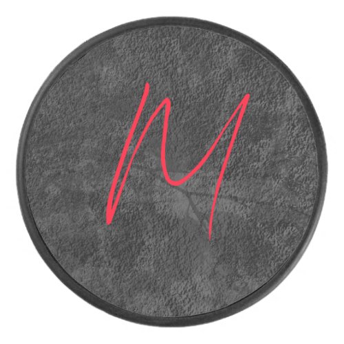 Unique grey red monogram name initial calligraphy hockey puck