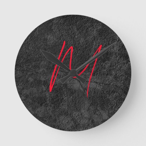 Unique grey red monogram name initial calligraphy round clock