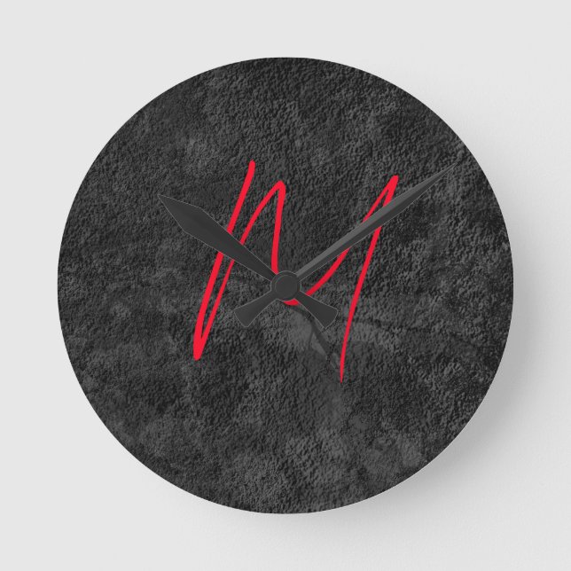 Unique grey red monogram name initial calligraphy round clock (Front)