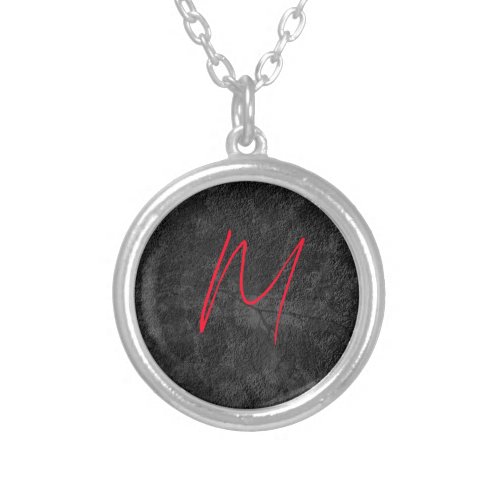 Unique grey red monogram name initial calligraphy silver plated necklace