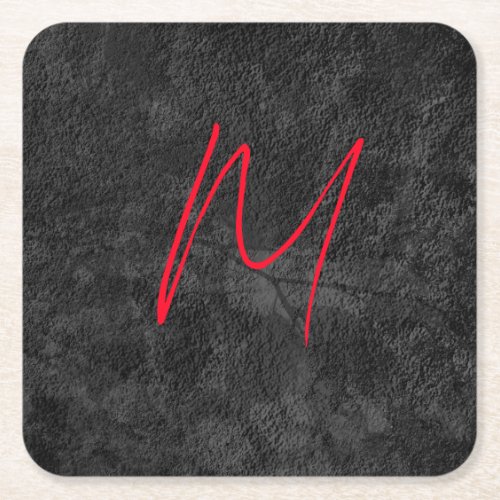 Unique grey red monogram name initial calligraphy square paper coaster