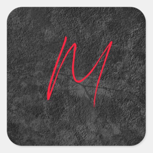 Unique grey red monogram name initial calligraphy square sticker
