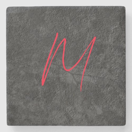 Unique grey red monogram name initial calligraphy stone coaster