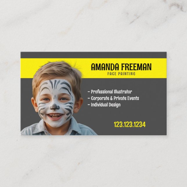 Unique Grey & Yellow Face Painter Artist Business Card (Front)