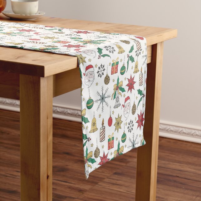 Unique Hand Dawn Christmas Doddles Design Short Table Runner (In Situ)