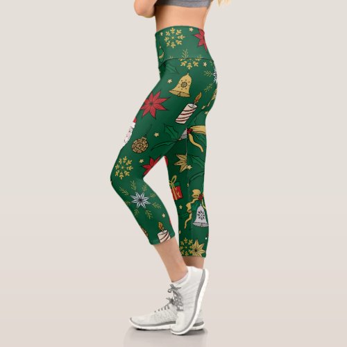 Unique Hand Dawn Christmas Doddles Green Design Capri Leggings