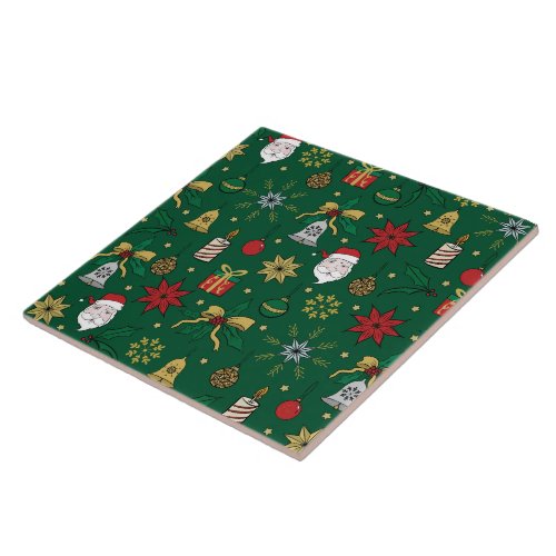 Unique Hand Dawn Christmas Doddles Green Design Ceramic Tile