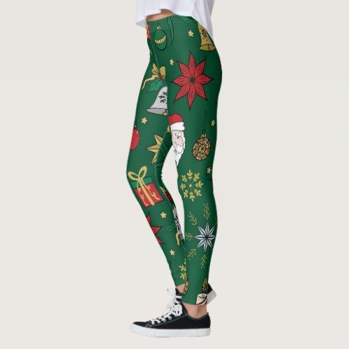 Unique Hand Dawn Christmas Doddles Green Design Leggings