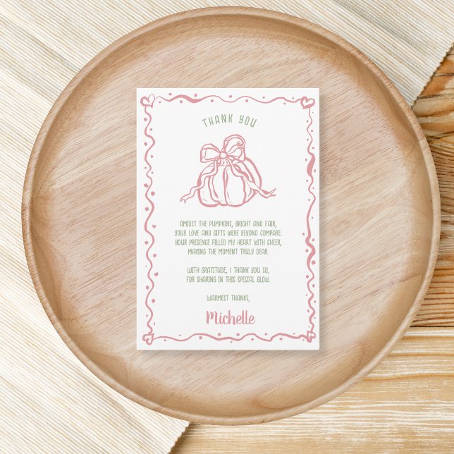 Unique Hand Drawn Bow Little Pumpkin Baby Shower  Thank You Card (hand drawn pink pumpkin with a bow)