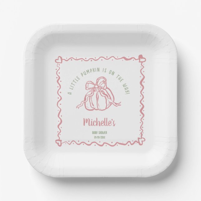 Unique Hand Drawn Little Pumpkin Fall Baby Shower Paper Plates (Front)