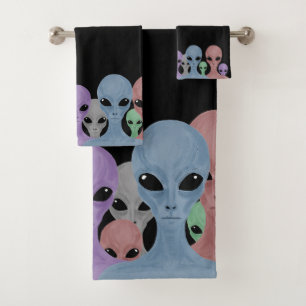 Unique Hand Drawn Multi Coloured Aliens Bath Towel Set