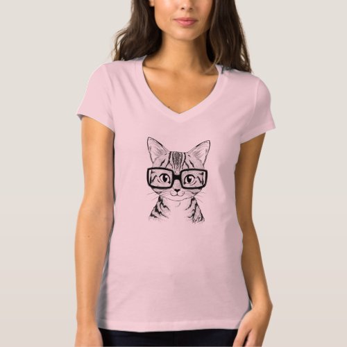 Unique Hand Drawn Nerdy Cat Art Womens V_neck Tee