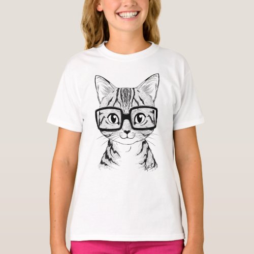 Unique Hand Drawn Nerdy Cat Girls Baseball Tee