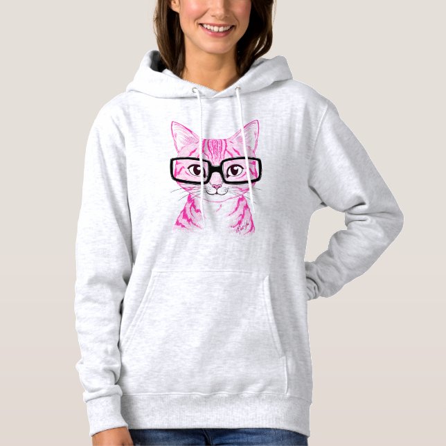 Unique Hand Drawn Nerdy Cat Women's Hoodie (Front)