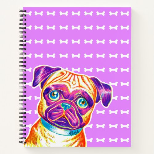 Unique Hand Drawn Pug Art Purple Notebook