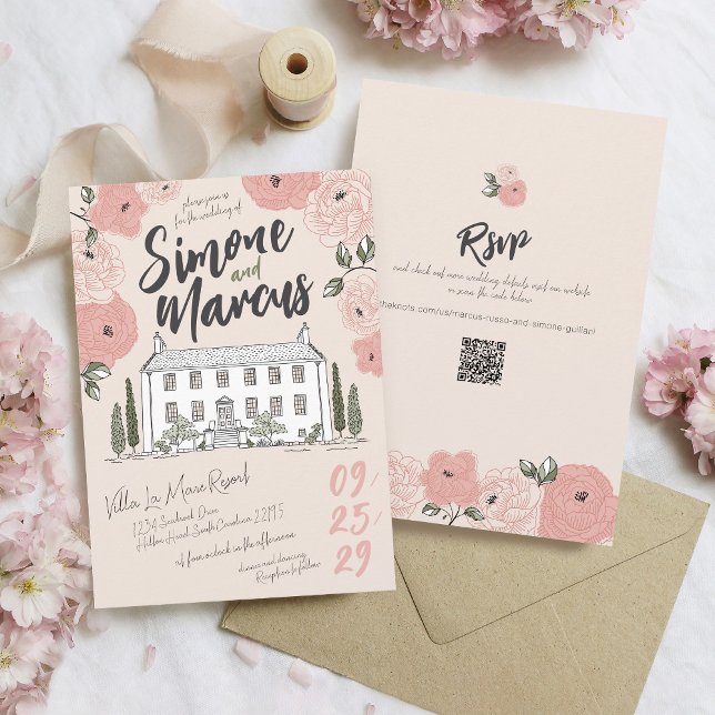 Unique Hand Drawn Villa Pink Green Floral Wedding Invitation (Whimsical pink sage green floral unique hand drawn handwritten illustrated villa wedding invitation)