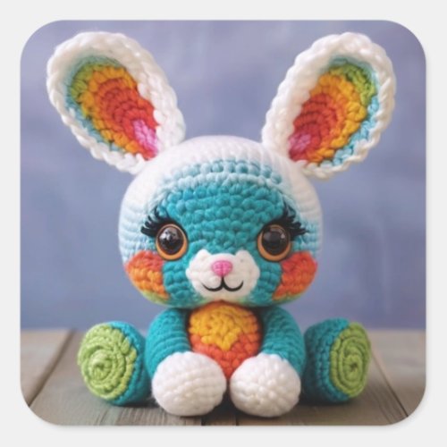 Unique Handmade Cuddly Bunny _ Amigurumi Crocheted Square Sticker