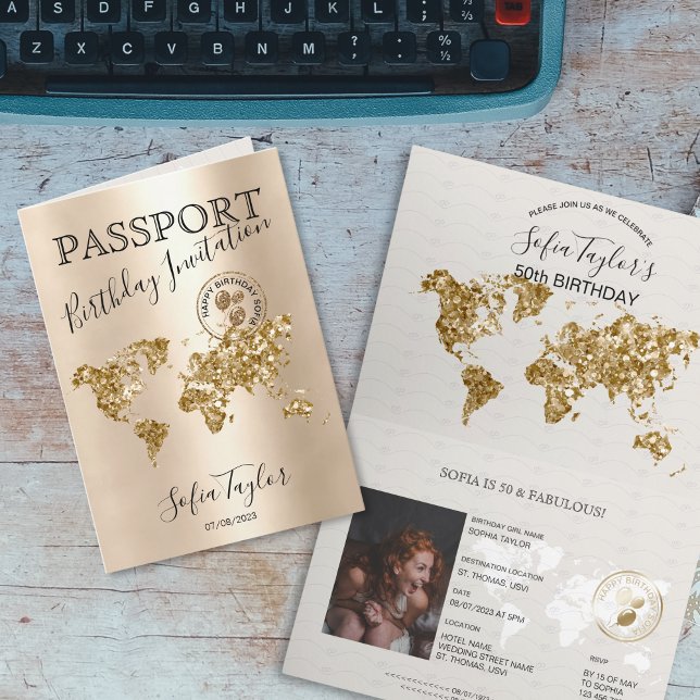 Unique Happy Birthday Passport Map Any Age Invitation (gold passport with gold glitter world map and balloons birthday invitation)