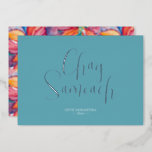 Unique Happy Hanukkah Cards<br><div class="desc">These trendy non photo Hanukkah cards feature the words "Chag Sameach" in elegant gold foil script typography. Use the template fields to add your personalization. The card reverses to a colorful watercolor poinsettia floral pattern. A unique and bright choice for your holiday greeting cards. To see more designs like this...</div>