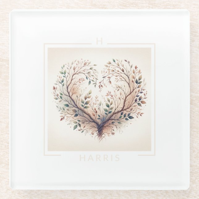 Unique Heart Monogram Glass Coaster (Front)