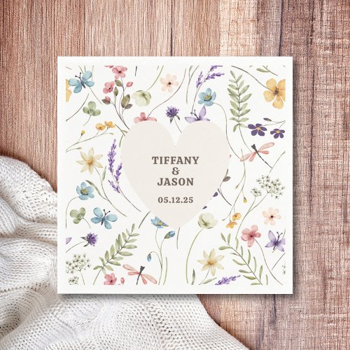 Unique Heart Watercolor Wildflower Wedding  Napkins