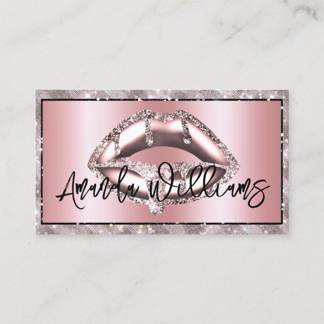 Unique Holographic Sparkles Rose Gold Glitter Lips Business Card (Front)