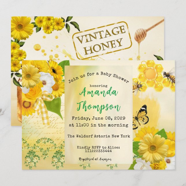 Unique Honey Yellow Butterfly and Bee Baby Shower Invitation (Front/Back)