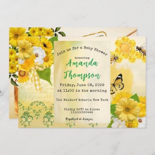 Unique Honey Yellow Butterfly and Bee Baby Shower Invitation