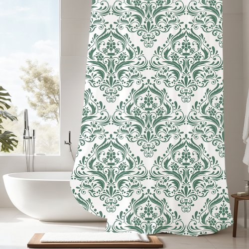 Unique Hunter Green  White Classic Damask Pattern Shower Curtain