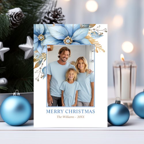 Unique Icy Blue Gold Poinsettia Christmas PHOTO Holiday Card