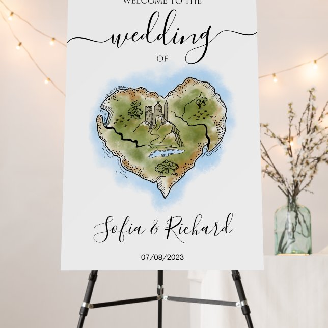 Unique Illustrated Destination Wedding Map Travel  Foam Board (In Situ (Stand))