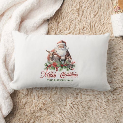 Unique illustration Santa with holly and reindeer Lumbar Pillow
