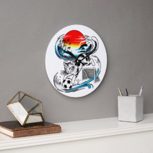 Unique Japanese Soccer Cat For Home, Office & Art  Large Clock