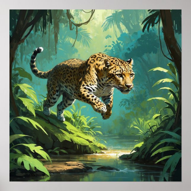 Unique Jumping Leopard Wildlife Art Poster (Front)