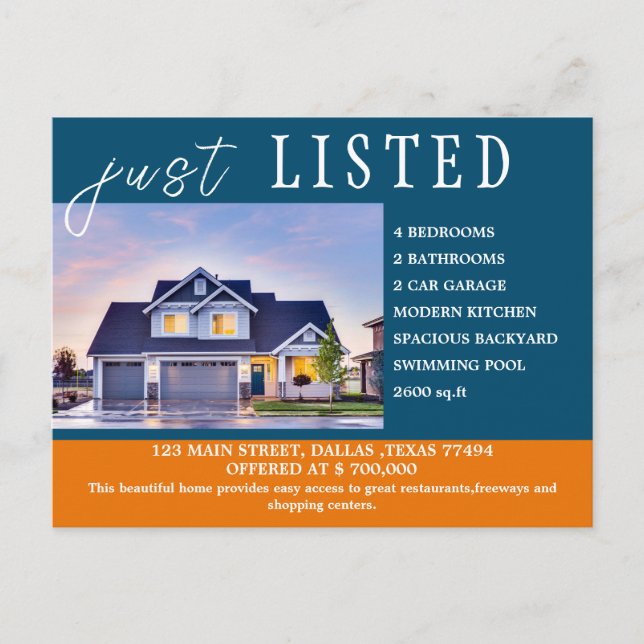 Unique Just listed Real Estate Postcard (Front)