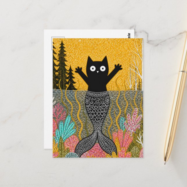 Unique Kitty Cat Mermaid Postcard (Front/Back In Situ)