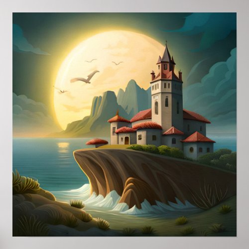 Unique Landscape of a Sunset over a Seaside Castle Poster