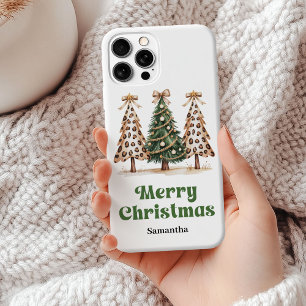 Unique leopard print Christmas trees custom name iPhone 15 Plus Case