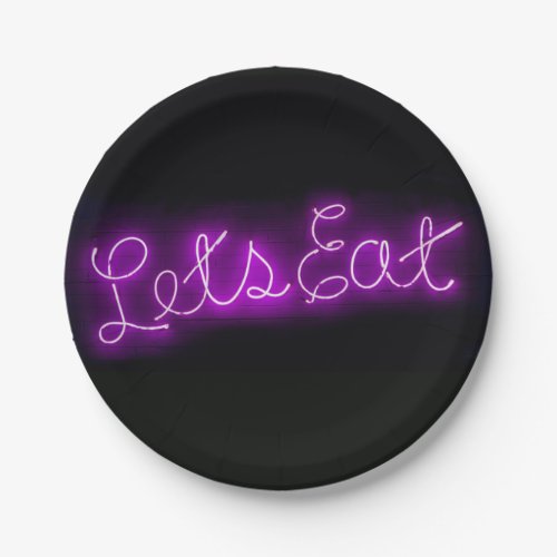 Unique Lets Eat Vintage Neon Sign in Purple Paper Plates